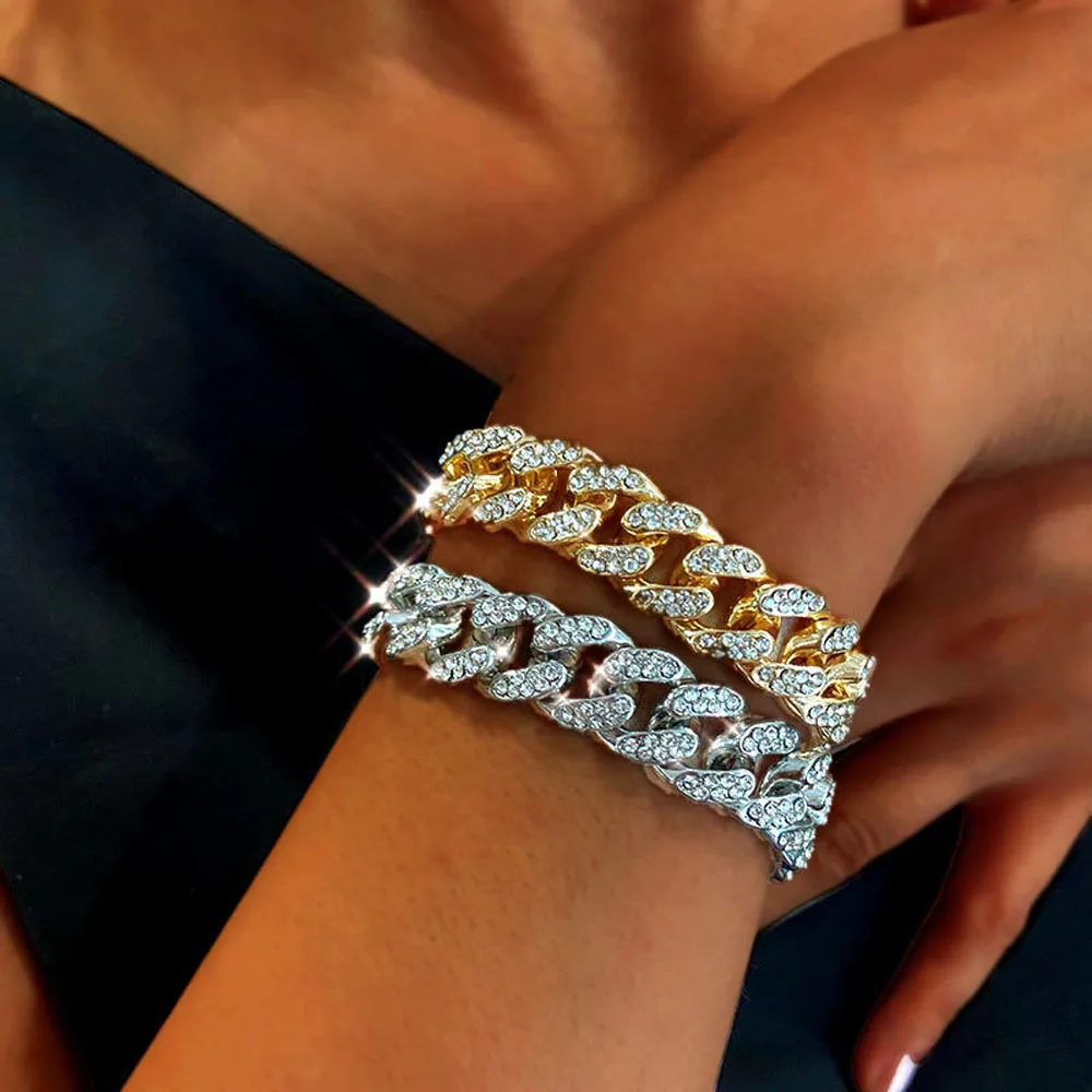 

Hip Hop Thick Chain Zircon Bracelet Women Cool Gold Silver Colour Wide Bracelet Party Accessories Fashion Trend New 2020