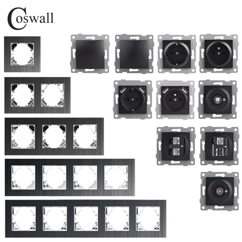 

Настенный выключатель COSWALL серии D2, черная матовая алюминиевая панель, европейская розетка, USB зарядка, Интернет, спутниковый ТВ-модуль CAT6, «...