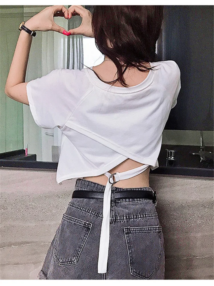 

H.sa 2022 Ins тонкая футболка с круглым вырезом Женская Новая летняя футболка Harajuku с коротким рукавом белая необычная тонкая спортивная шикарная...