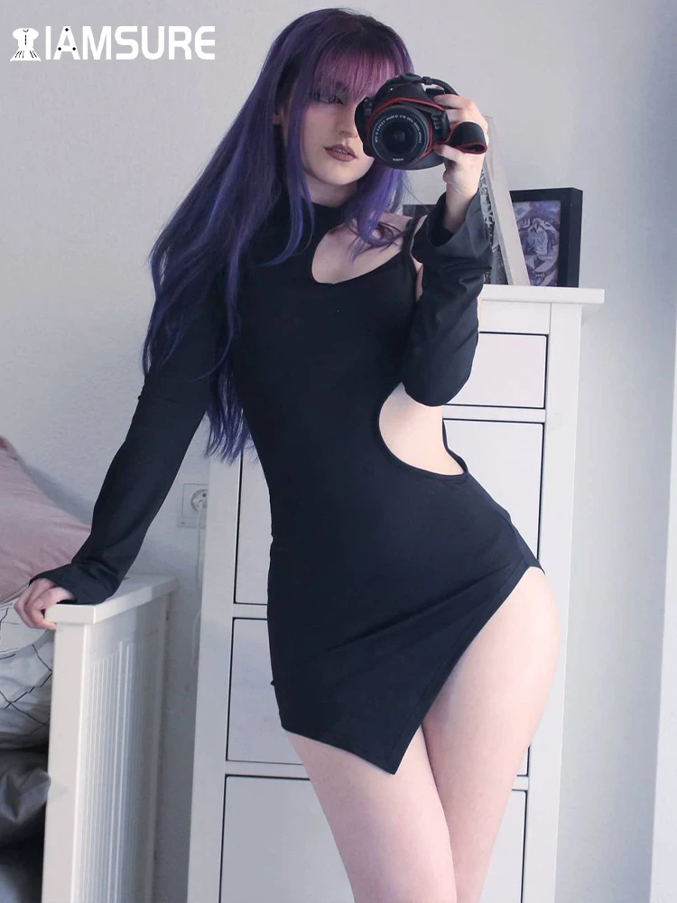

IAMSURE Sexy Solid Hollow Out Bodycon Dress Slim O-Neck Long Sleeve Asymmetrical Mini Dresses For Women 2022 Fashion Spring Lady