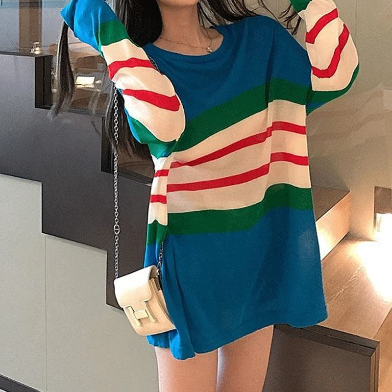 

Pullovers Long Sleeve O-neck Women's Clothing 2023 Loose Patchwork Striped Streetwear Spring Summer Thin Casual Fashion T-Shirts