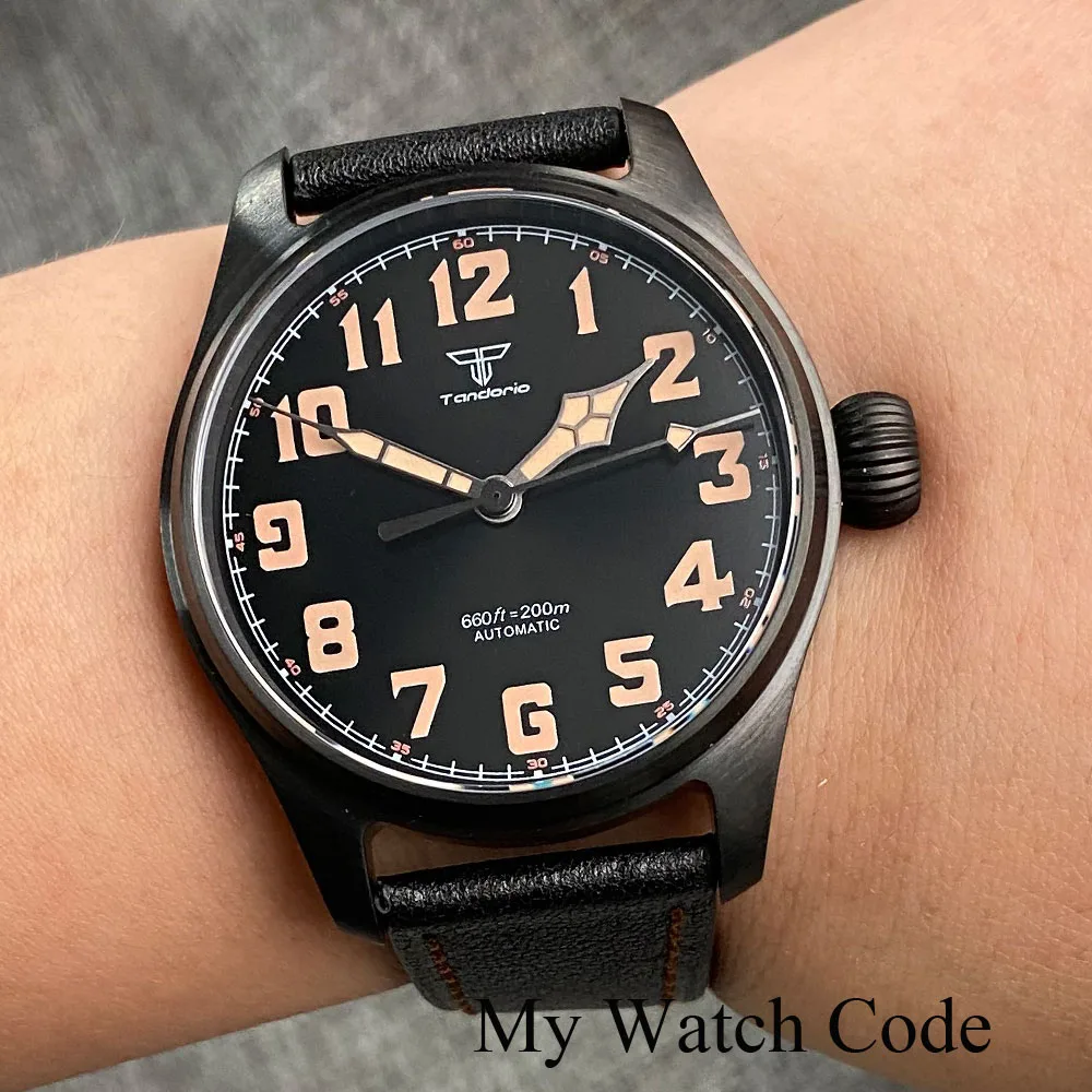 Waterproof Vintage Pilot Watch Tandorio Black NH35 Mechanical Clock Men Arabic Numerals 39mm Sport Clock Reloj Hombre Big Crown enlarge