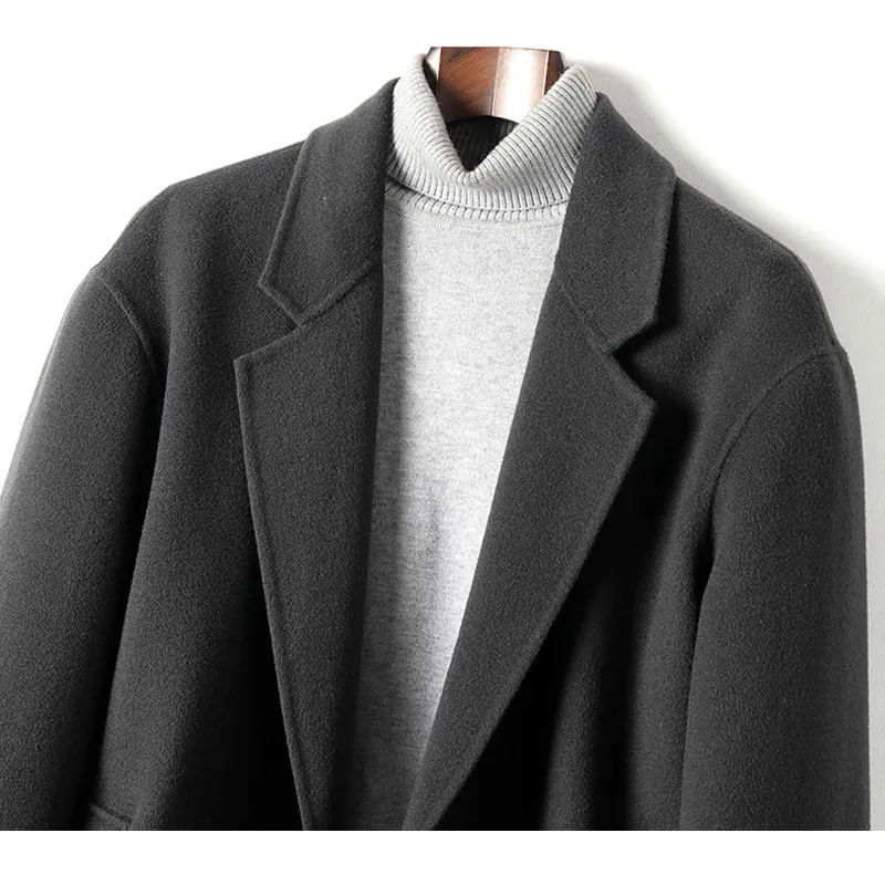 Новое двурядное мужское осенне-зимнее двустороннее кашемировое пальто с пряжкой