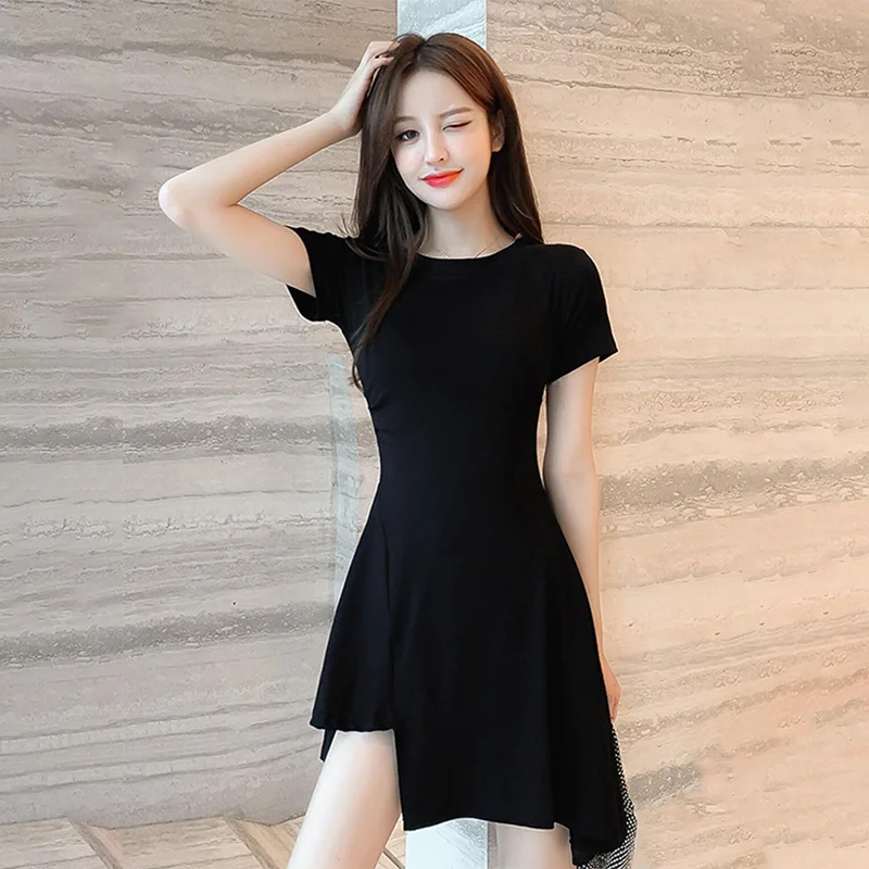 

Новинка 2023, маленькая черная юбка, женское летнее приталенное платье с коротким рукавом, соблазнительная нестандартная короткая юбка