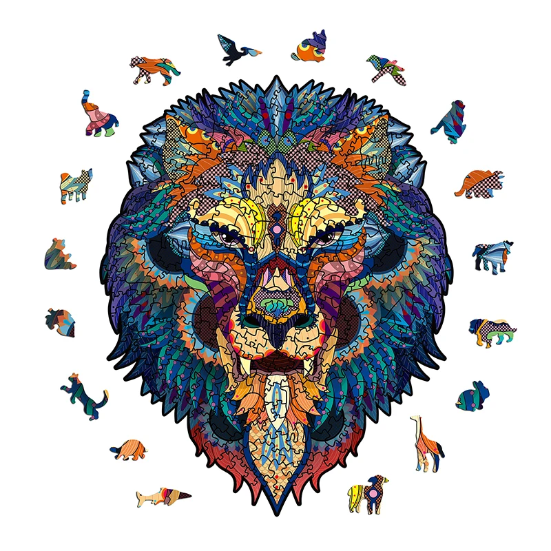 

Colorful Lion Animal Puzzle 100 Pieces Unique Shaped Irregular Wooden Jigsaw Kids Gift Box Wholesale Fidget Toy Art Collection