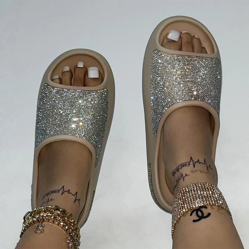 2023 New Diamond Face Slippers Women Summer Flash Thick Bottom Luxury Sandals Outdoor Beach Slippers Flip Flop Shoes