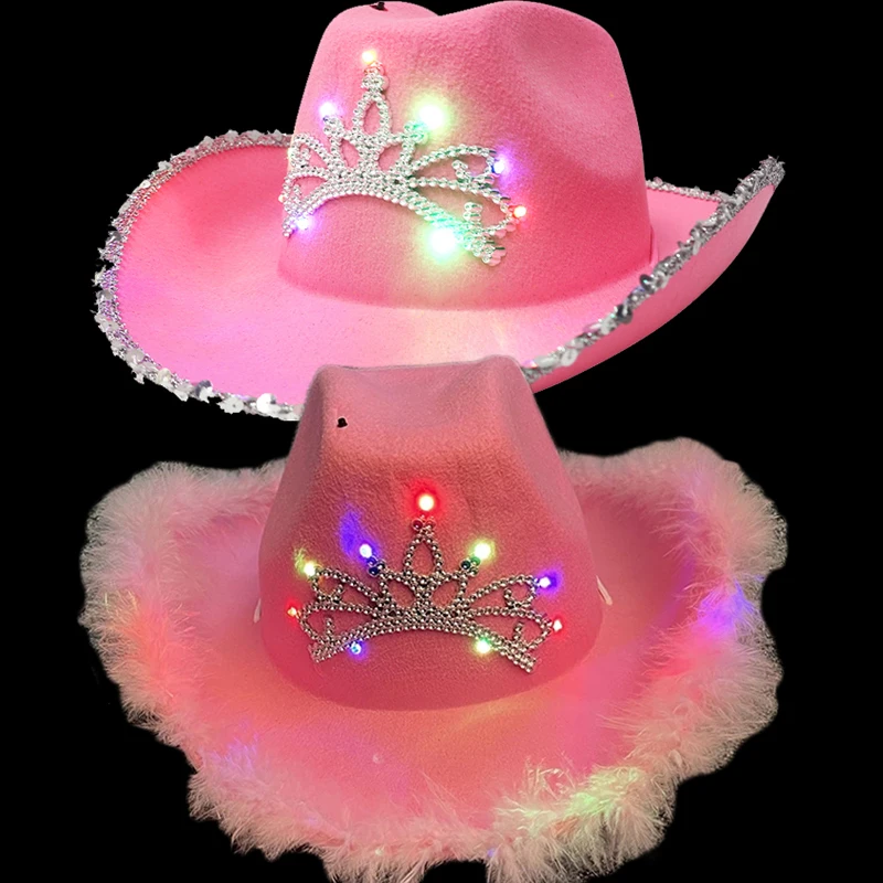 2022 LED ковбойская шляпа Cowgirl в западном стиле розовая Женская модная светящаяся