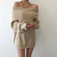 2022 korean style temperament elegant off the shoulder neckline loose mid length two wear long sleeved knitted sweater women