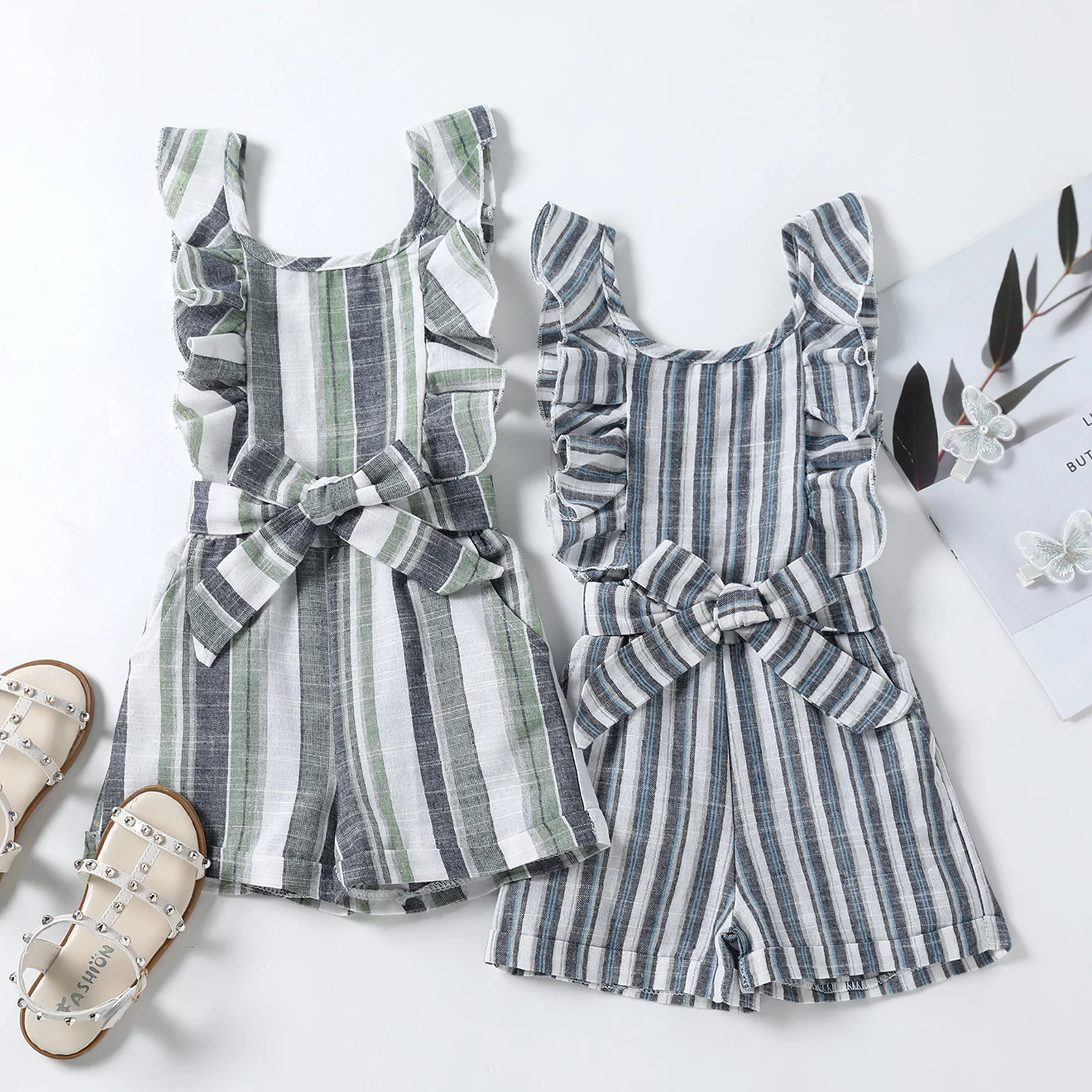 

Girls Pants Suit 2022 Spot Summer Sleeveless Cotton Girl Pullover Striped Bow European And American Blue Children's Suit