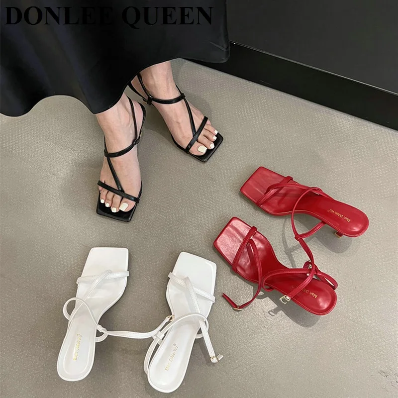 

2023 Ankle Strap Women Sandal New Fashion Brand Narrow Band Flip Flops Slingback Sandal Open Toe Chunky Med Heel Sandalias Mujer