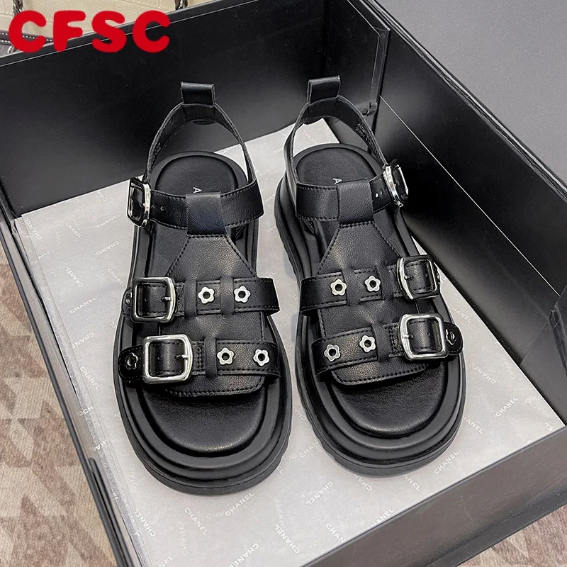 

Black Casual Platform Beach Shoes 2022 New Summer Buckle Flat Roman Sandals Women's Soft Sole Outdoor Sports Sandals Sandals