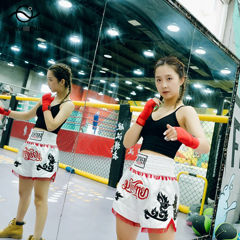 Muay Thai Shorts Mens Womens Fashion Thai Boxing Shorts Embroidery Patch Kids MMA Pants Fitness Fight Kickboxing Training Wear