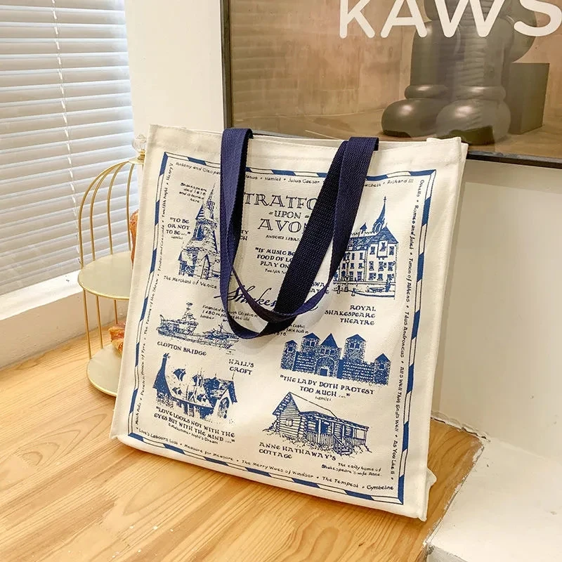 

Women Canvas Shoulder Bag Printing Ladies Casual Handbag Tote Bag Large Capacity Cotton Reusable Shopping Beach Bag