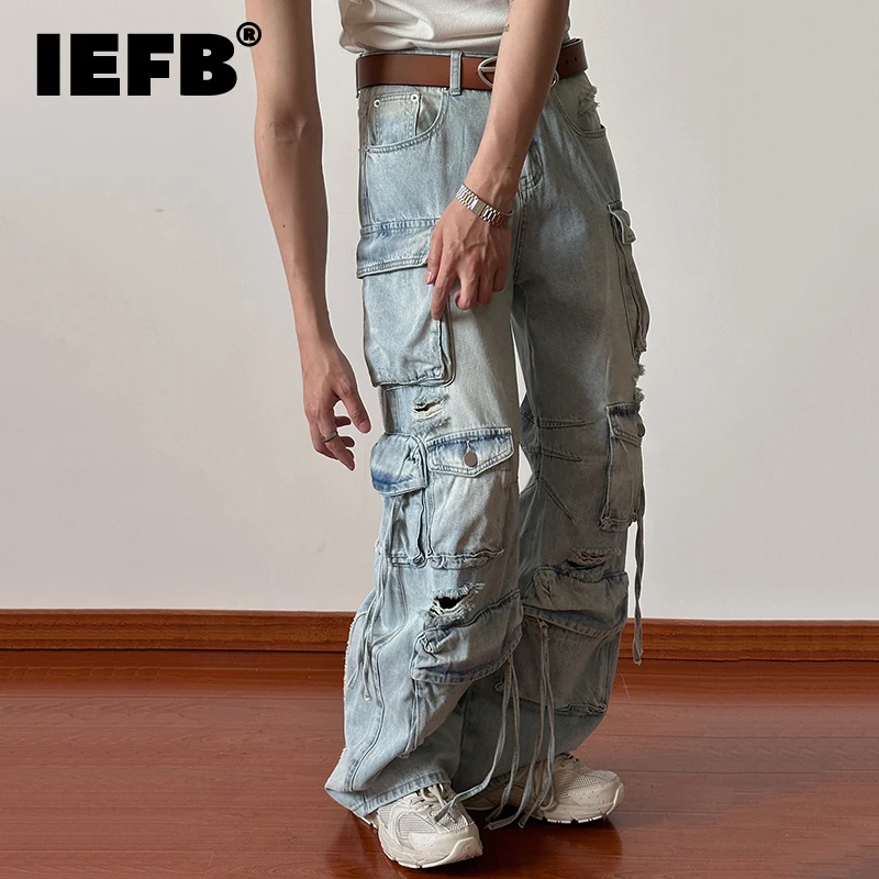 

Модная рабочая одежда IEFB, джинсы, трендовые мужские свободные прямые джинсовые брюки в стиле High Street, объемные джинсовые брюки с несколькими карманами, модель 9C1131