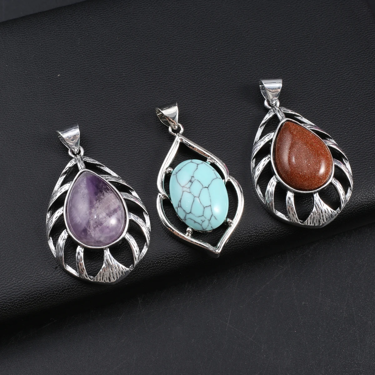 

5PCS Wholesale Natural Stone Amethysts Gold Sand Stone Turquoise Pendant Jewelry Making DIY Necklace Accessories Charm Gift