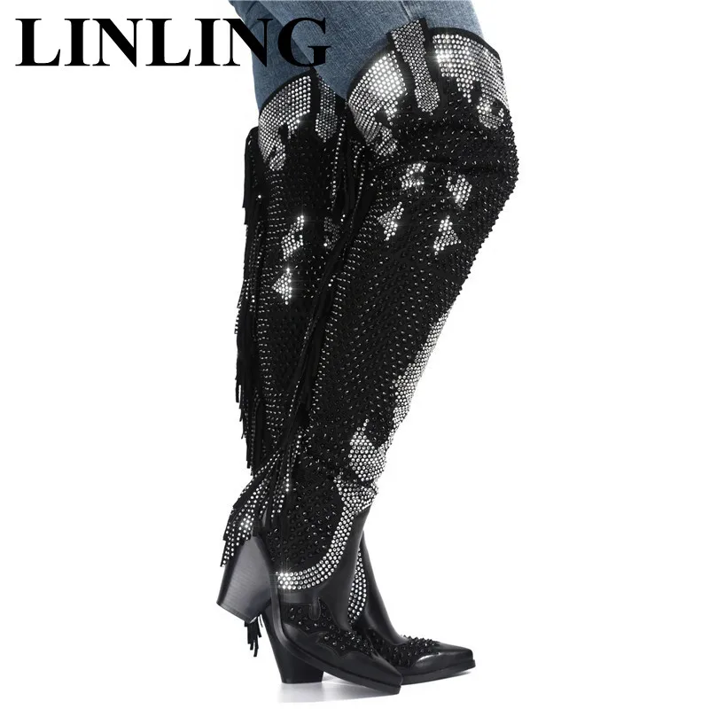 

Зимние женские классические сапоги выше колена с бахромой, ковбойские сапоги на массивной танкетке, женские роскошные сапоги до бедра