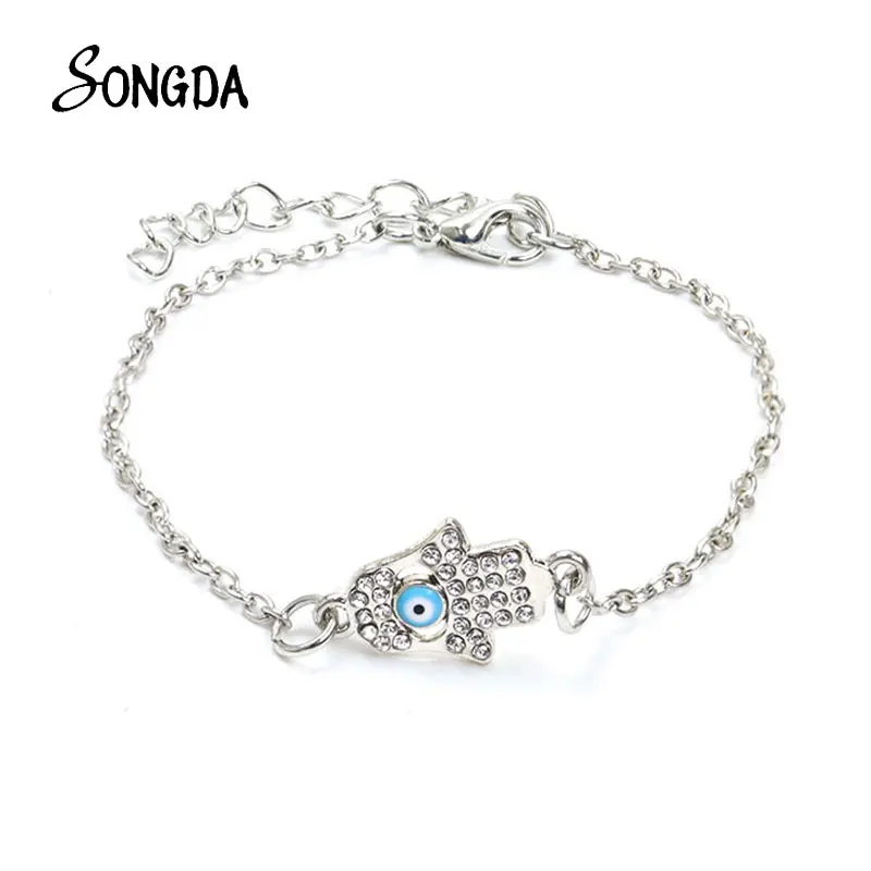 

Lucky Eyes Fatima Hamsa Hand Enamel Charm Bracelet Crystal Turkish Evil Eye Bracelet Adjustable Chain Bangles Fashion Jewelry