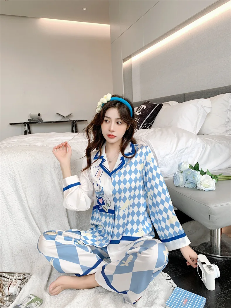 Pajamas Women's Ice Silk Long Sleeve Printed Home Fur Spring and Autumn Thin Imitation Silk Large Set
