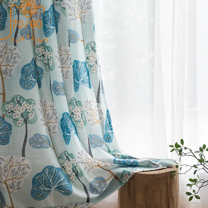 Blue Green Spring Flower Cartoon Imitation Cotton and Linen Printed Curtains for Living Room Bedroom Finished Product