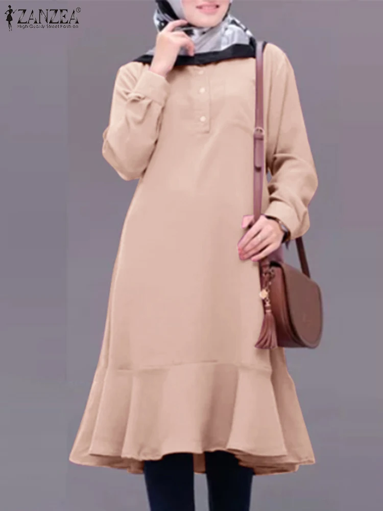 

ZANZEA Eid Mubarek Abaya Muslim Hijab Tops Turkish Blouse Women Casual Long Sleeve Solid Shirt Ruffle Hem Blusas Isamic Clothing