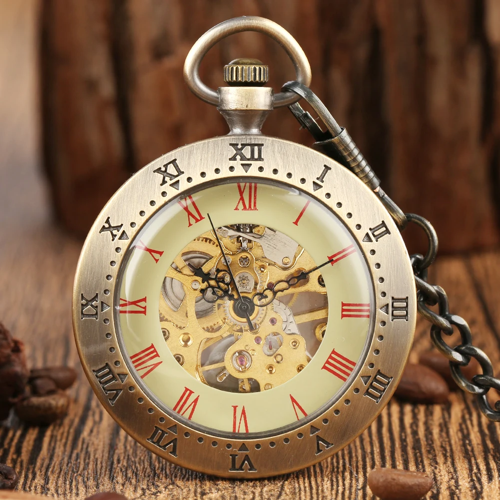 Red Roman Numerals Display Open Face Bronze Pendant Manual Mechanical Pocket Watch Elegant Vintage Hand-Winding Pocket Timepiece