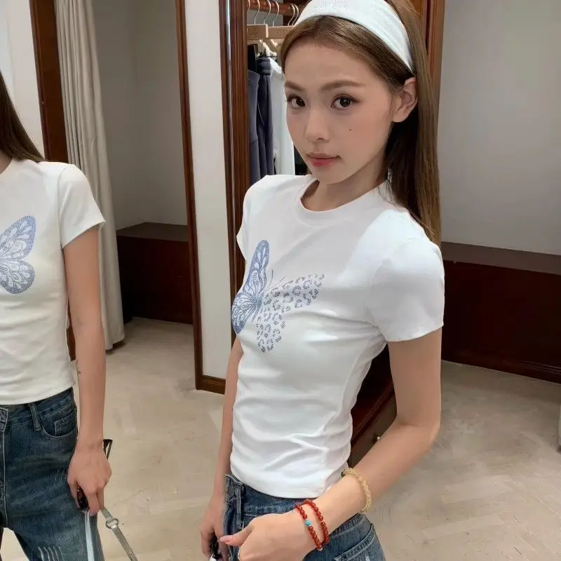 Фото Женская белая футболка Kimutomo с принтом бабочки Y2K Harajuku, облегающая футболка с коротким рукавом и графическим рисунком, эстетичная уличная футболка №3