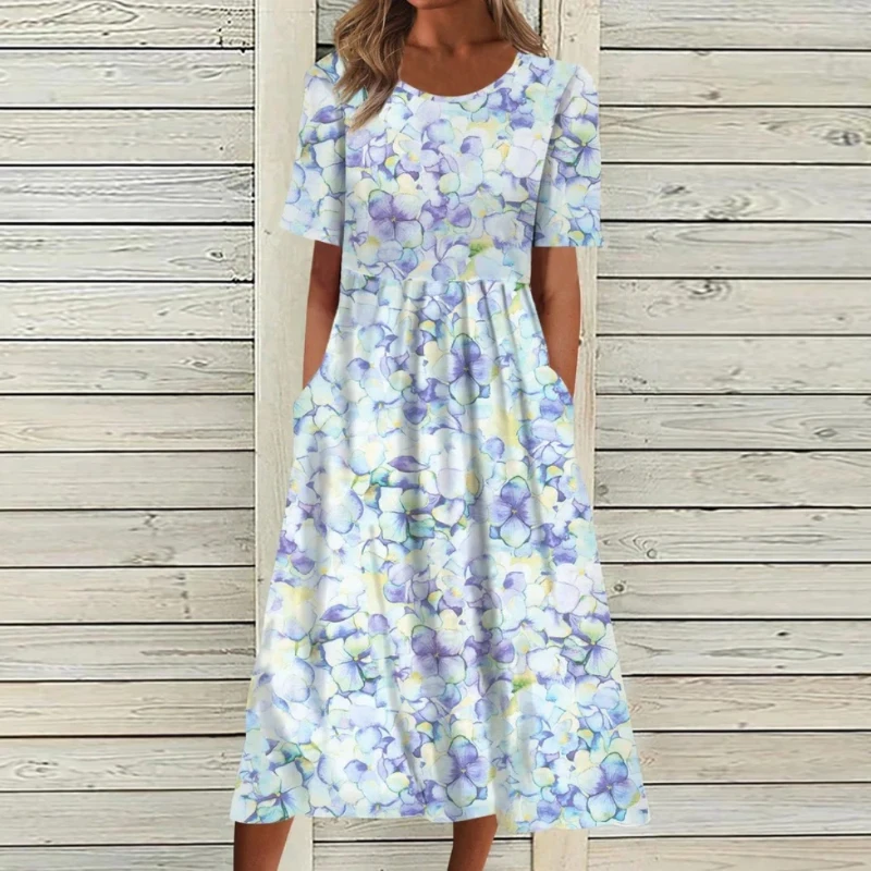 

Short Sleeve Dresses for Women Floral Dress Casual O-neck Elegant Print Dress Summer 2023 New Fashion Korean Loose Vestido 25121