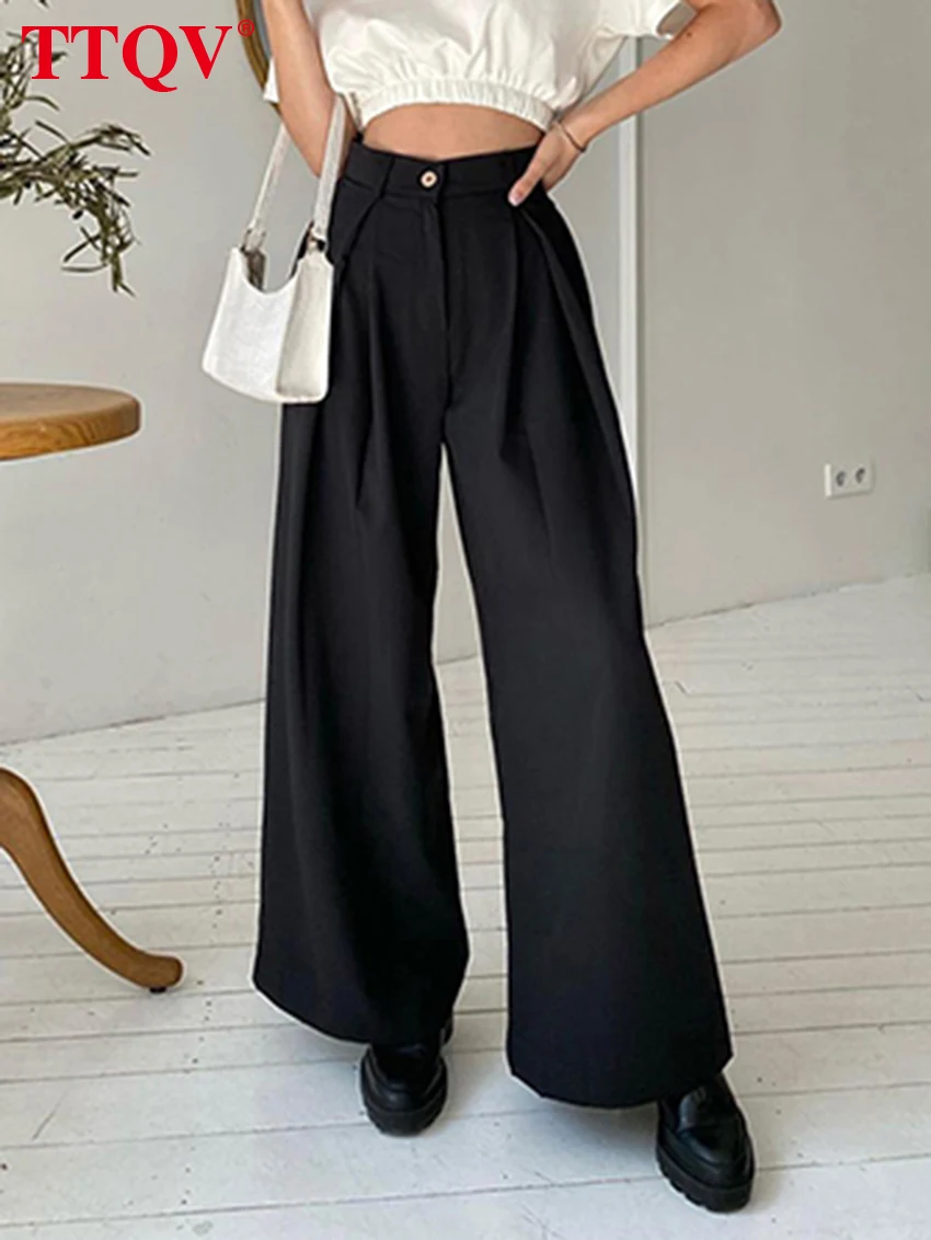 

TTQV Casual Simple Black Women's Pants Autumn Fashion High Waisted Pockets Trousers Vintage Loose Wide Leg Pants Female Clothing