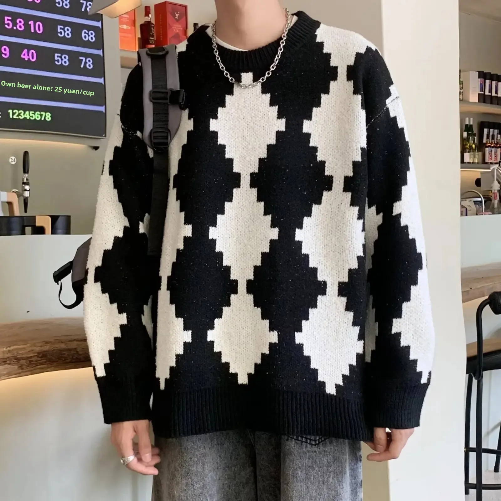 Autumn Winter Casual Idle Style Men's Sweater Round Neck Rhombus Thickened Knitted Top Youth Korean Fashion Loose-Fit