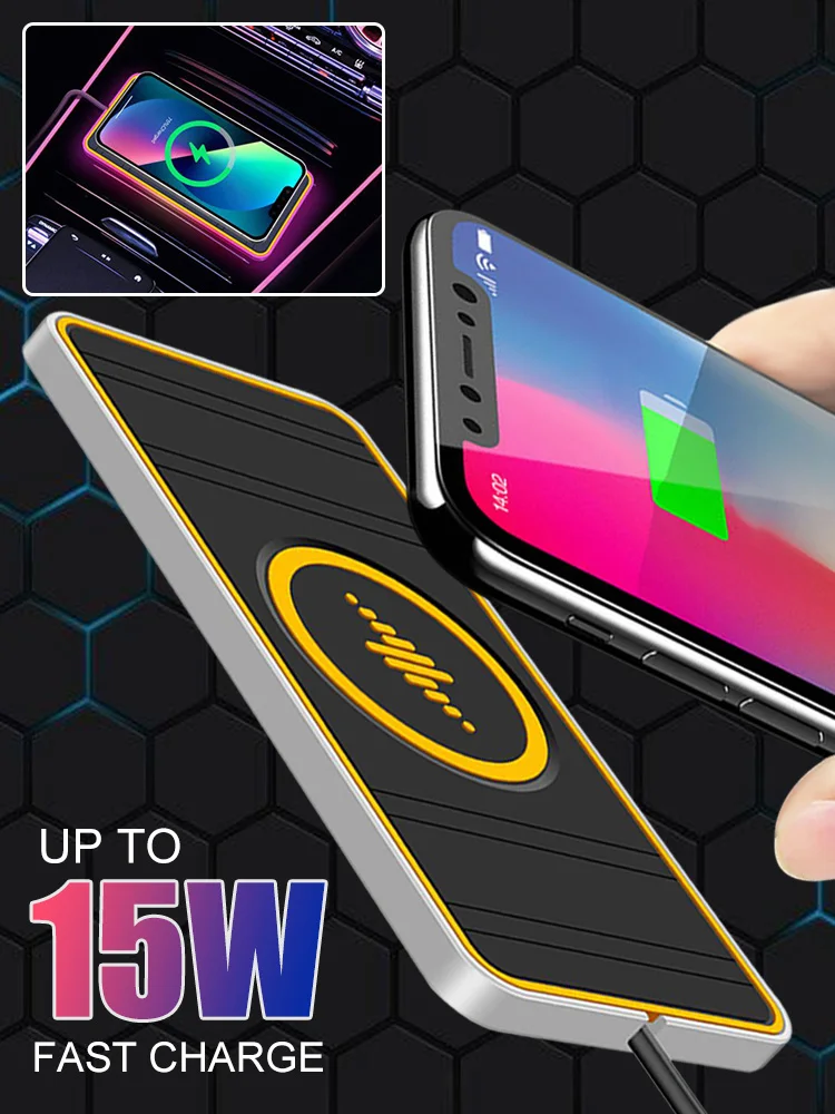 

Car Wireless Charger 15W Qi Fast Charging Pad Anti-skid Mat Holder with LED Atmosphere Light for iPhone 13 12 Samsung S22 S21
