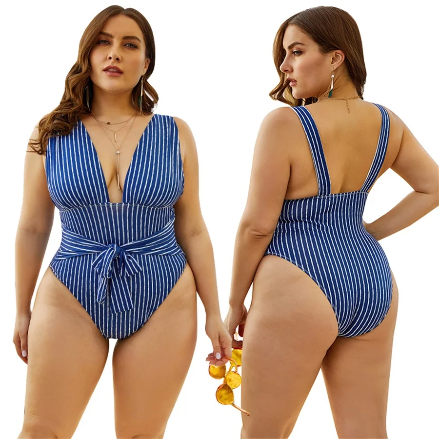 

New Women's Sexy Deep V-neck One-piece Swimsuit Blue Stripe Swimwear Women 2022 Bikini Bathing Suit Summer