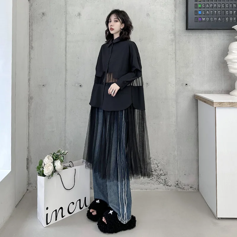 

Женское Сетчатое платье-рубашка в готическом стиле, повседневное свободное черное платье-рубашка с длинным рукавом, модель 2023 в уличном стиле на весну, 9501
