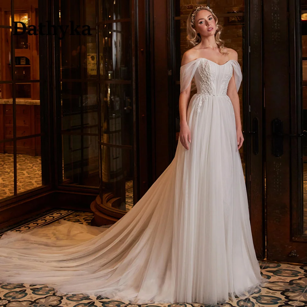 

Dathyka Simple Off the Shoulder A-line Wedding Dress For Brides V-neck Appliques Wedding Dresses Vestido De noiva Personalised
