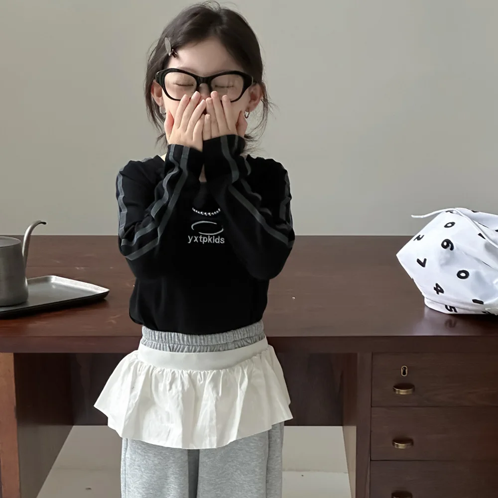 Осень 2024 футболка с длинными рукавами вышивкой и надписью для девочек двойным