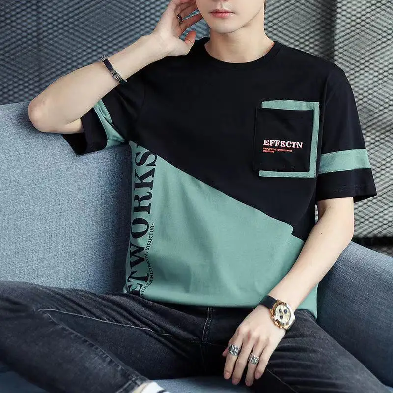 

J9915 Men's short sleeve t-shirt men's cotton round neck letter embroidery half sleeve T-shirt .