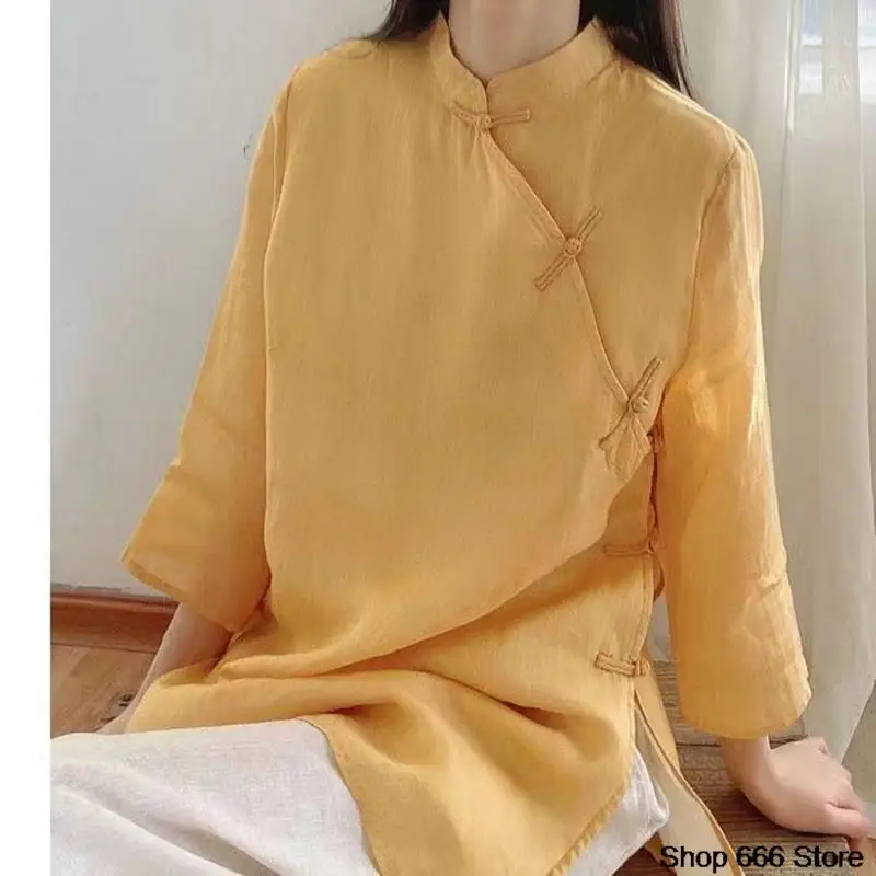 

Mid Length Cotton Linen Chinese Traditional Women's Top Ladies Retro Art Shirt Loose Solid Color Hanfu Women's Cheongsam Qipao