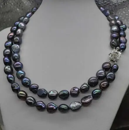 

Hand knotted beautiful 2 row 9-11mm black baroque fresh water cultured pearl necklace 43-48cm fashion jewelry