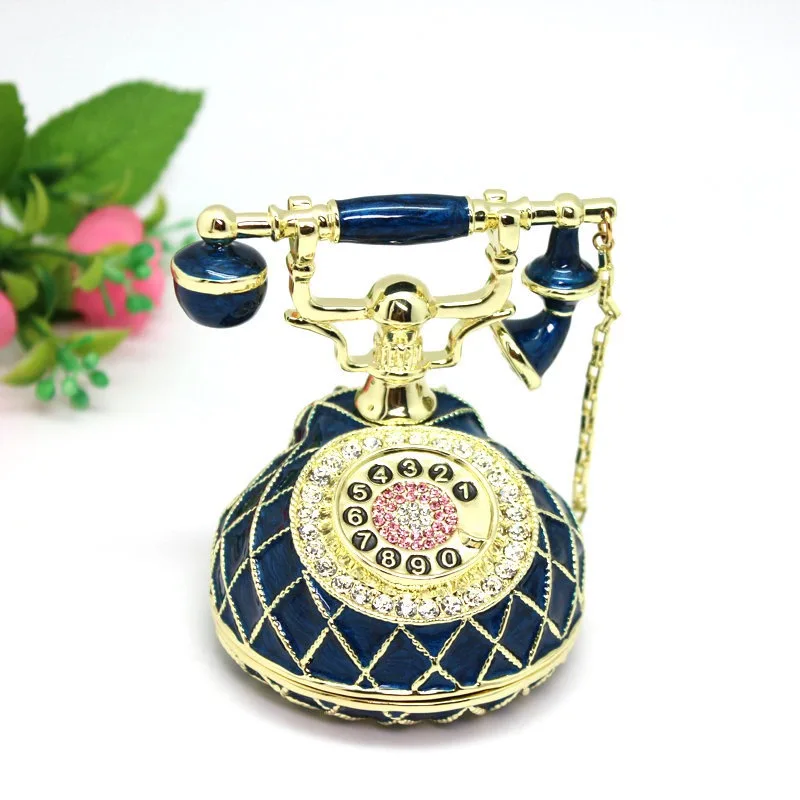New Bejeweled Enameled Trinket Box/Figurine With Rhinestones- Vintage Telephone