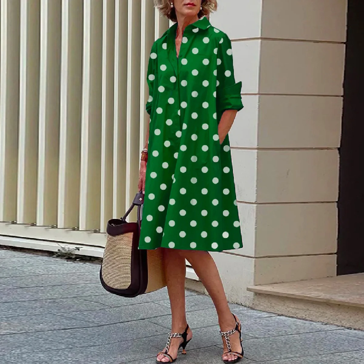 

Yeezzi Fashion Female Casual Traf Vintage Button 50%cotton Loose Long Sleeves Polka Dot Lapel Midi Dress for Women 2022 New