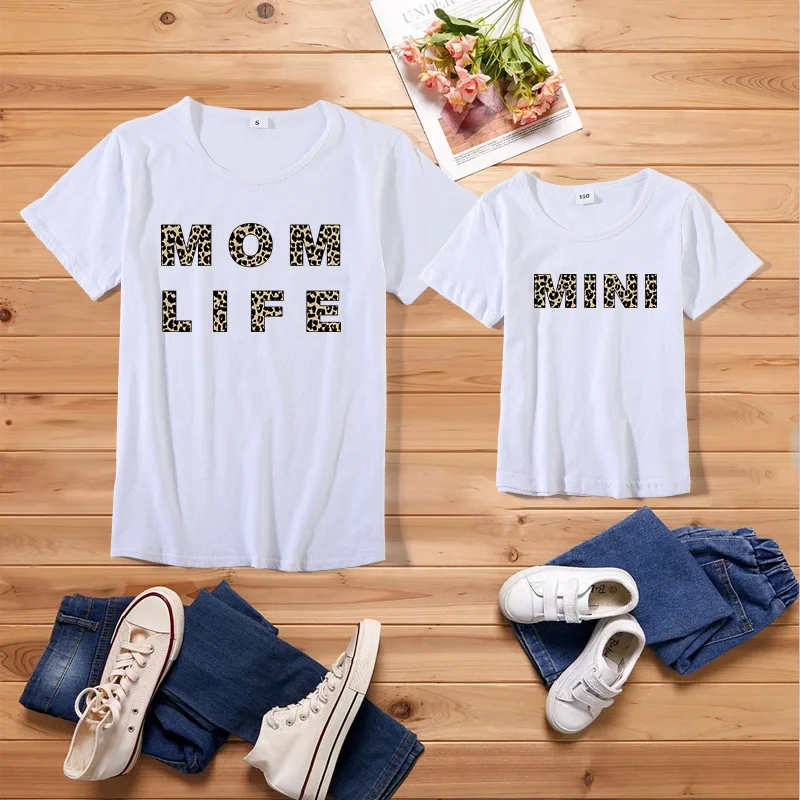 

Leopard letter mom Mini creative print mother women's shirt mother and girl trend short sleeve tee 1WQW