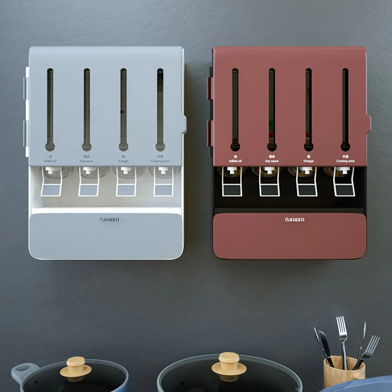 

Wall Mounted Soy Sauce Cooking Wine Oil and Vinegar Storage Integrated Visual Seasoning Box 4-grid Seasoning Case Kitchen Tool