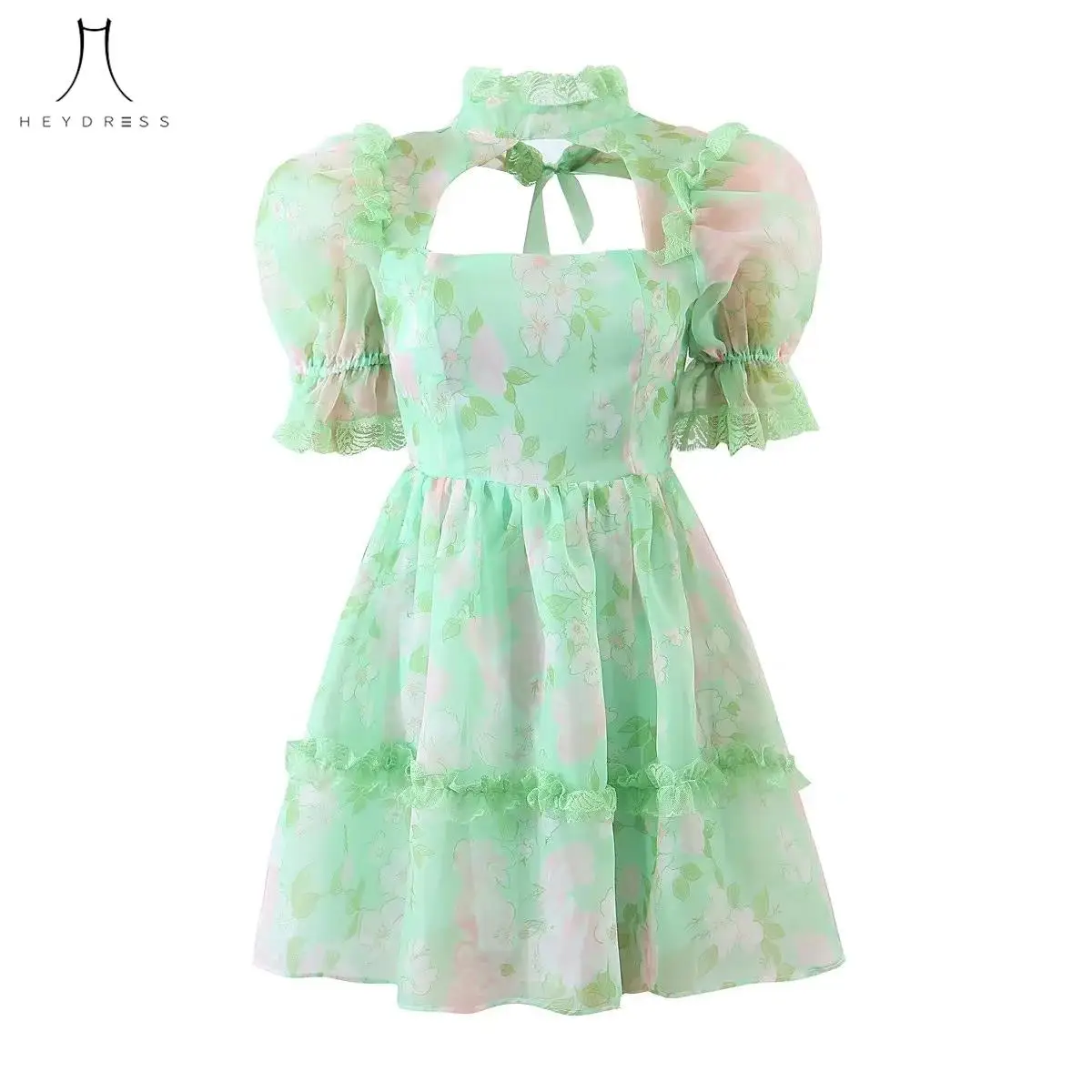 Кружевное платье с длинным рукавом-фонариком и оборками |