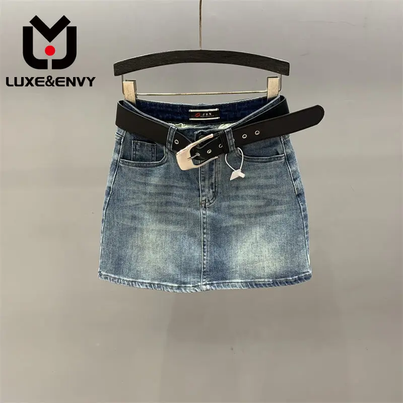 

LUXE&ENVY Spicy Girl Denim Half Skirt Women's 2023 Summer New Small Tall Waist Slim Anti Shining A-line Wrapped Hip Short Skirt