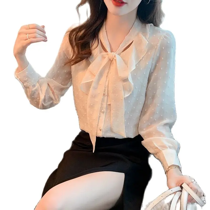 

2022 Spring And Autumn New Fashion Chiffon Shirt Womens Spring New Design Sense Niche Shirt Bow Ruffled Long-Sleeved Top