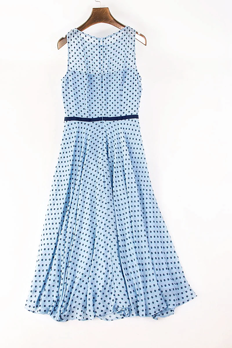 Light Blue Sleeves Flocking Polka Dot Midi Dress UK 8-UK 16