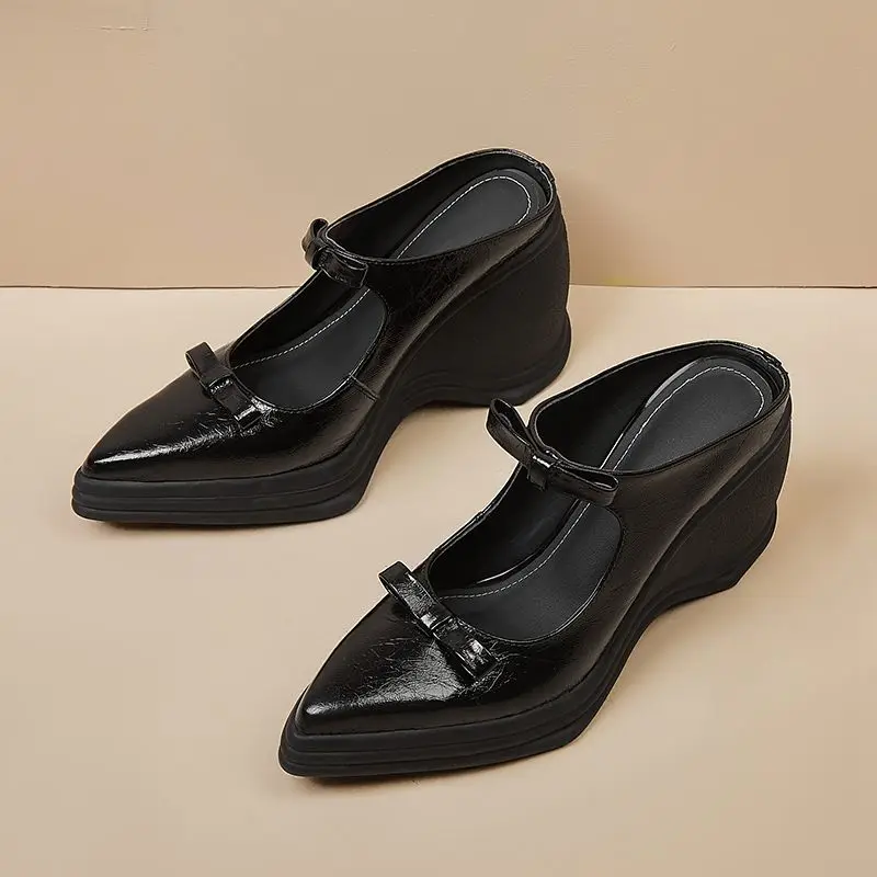 Туфли Lanxuryee женские из натуральной кожи без задника на танкетке с бантом-бабочкой