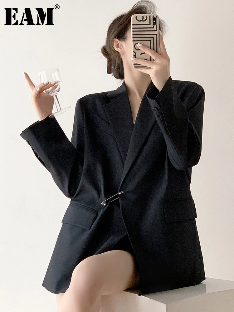 [EAM]  Women Black Big Size Long Casual  Blazer New Lapel Long Sleeve Loose Fit Jacket Fashion Tide Spring Autumn 2023 1DF0822