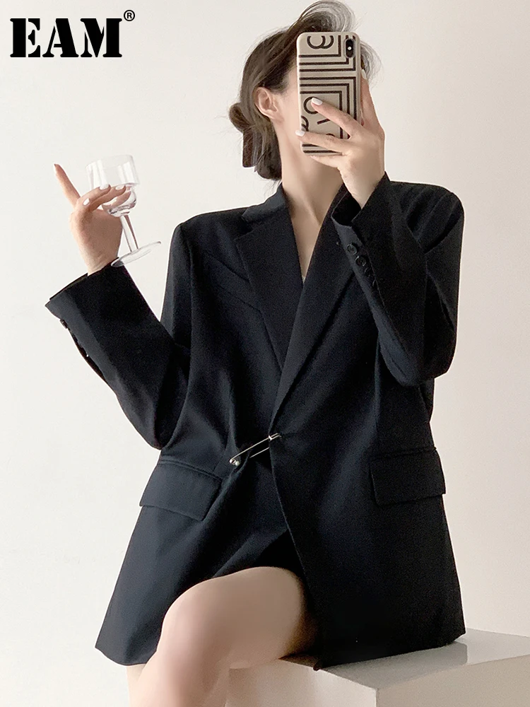 

[EAM] Women Black Big Size Long Casual Blazer New Lapel Long Sleeve Loose Fit Jacket Fashion Tide Spring Autumn 2023 1DF0822