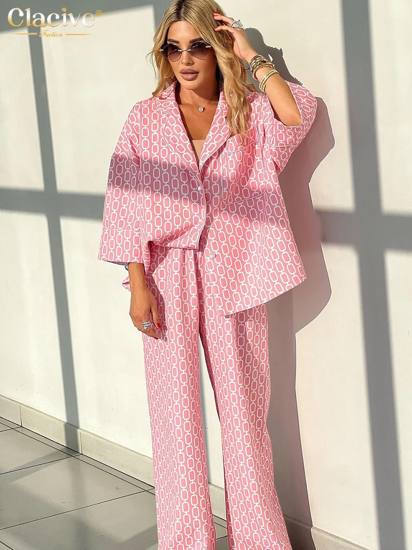 

Clacive Casual Print Home Suits Fashion Loose Wide Pants Set Elegant Long Sleeve Shirts 2 Piece Sets Women Outfit 2023 Sleepwear