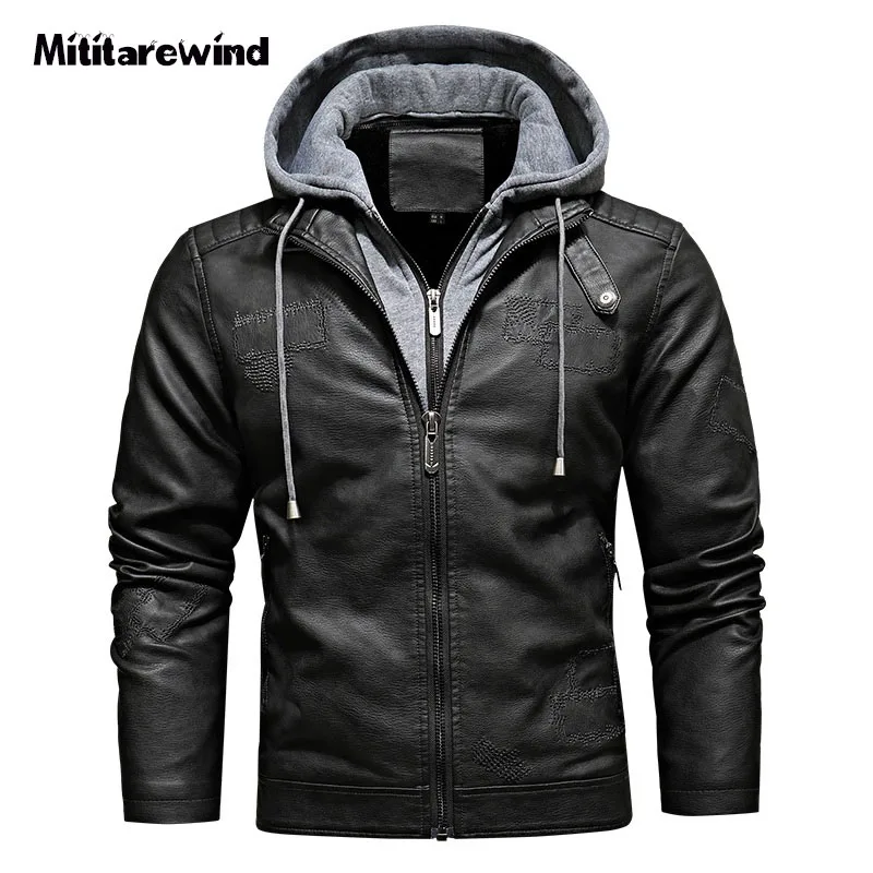 

Retro PU Leather Jacket Men Autumn Winter Fleece Slim Fit Detachable Hooded Leather Coat Male EU Size S-3XL Windbreaker Jacket